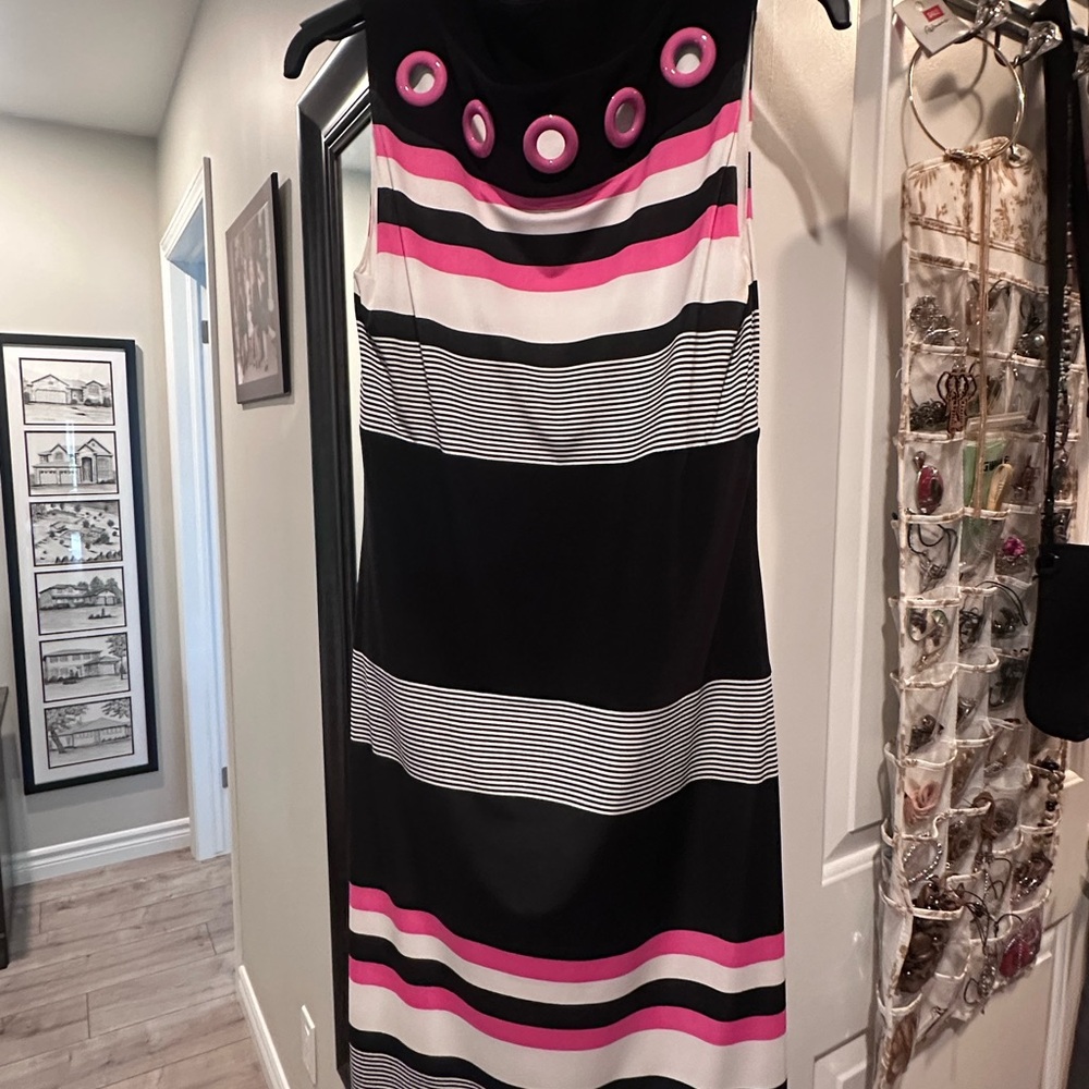 Joseph Ribkoff Black and Pink Striped Midi Dress